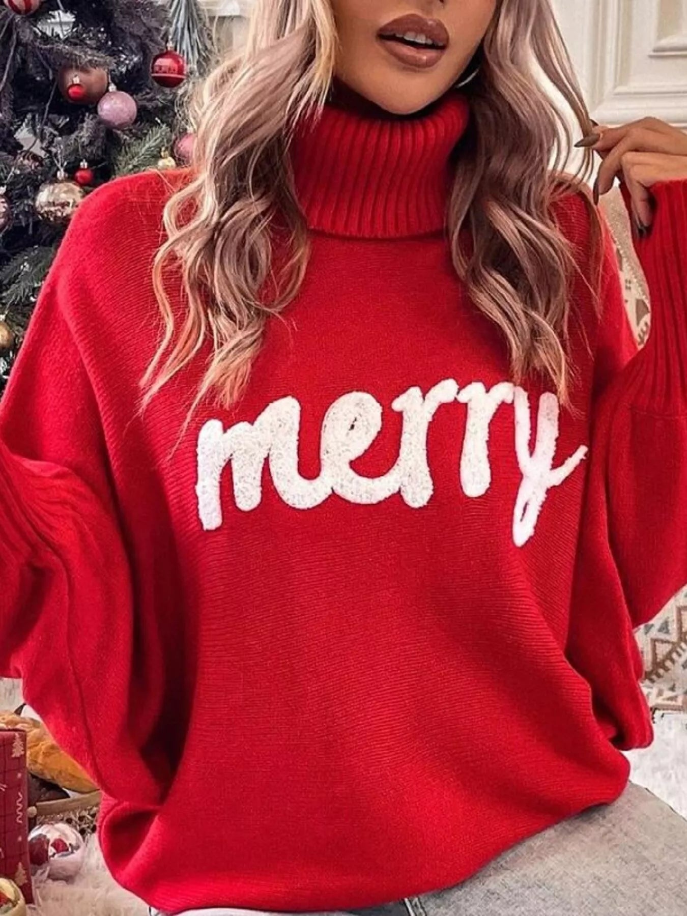Merry Turtleneck Long Sleeve Christmas Sweater Trendsi