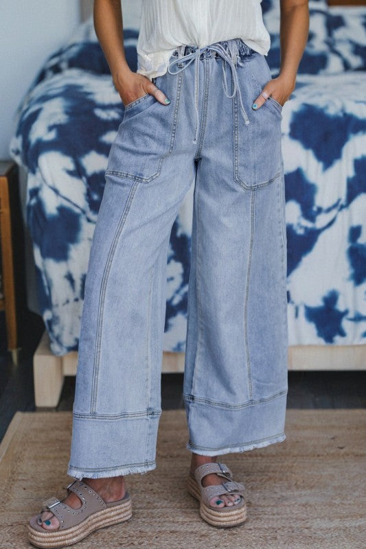 Denim Raw Hem Drawstring Wide Leg Pants JUNIPER BLVD