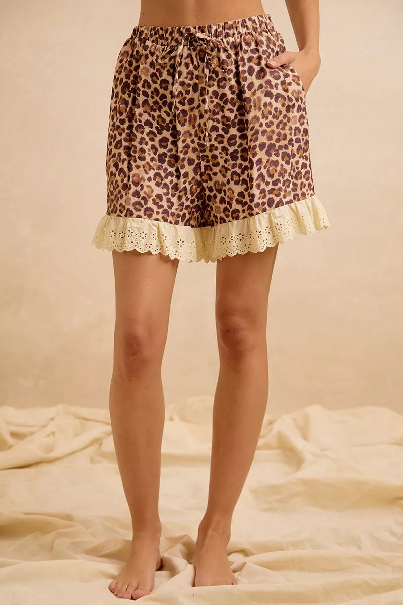 BiBi Leopard and Eyelet Lace Ruffled Top and Shorts Set Trendsi