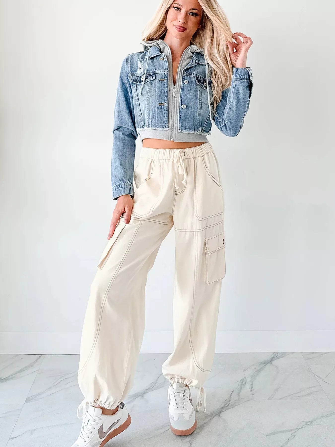 Distressed Zip Up Cropped Hooded Denim Jacket Trendsi