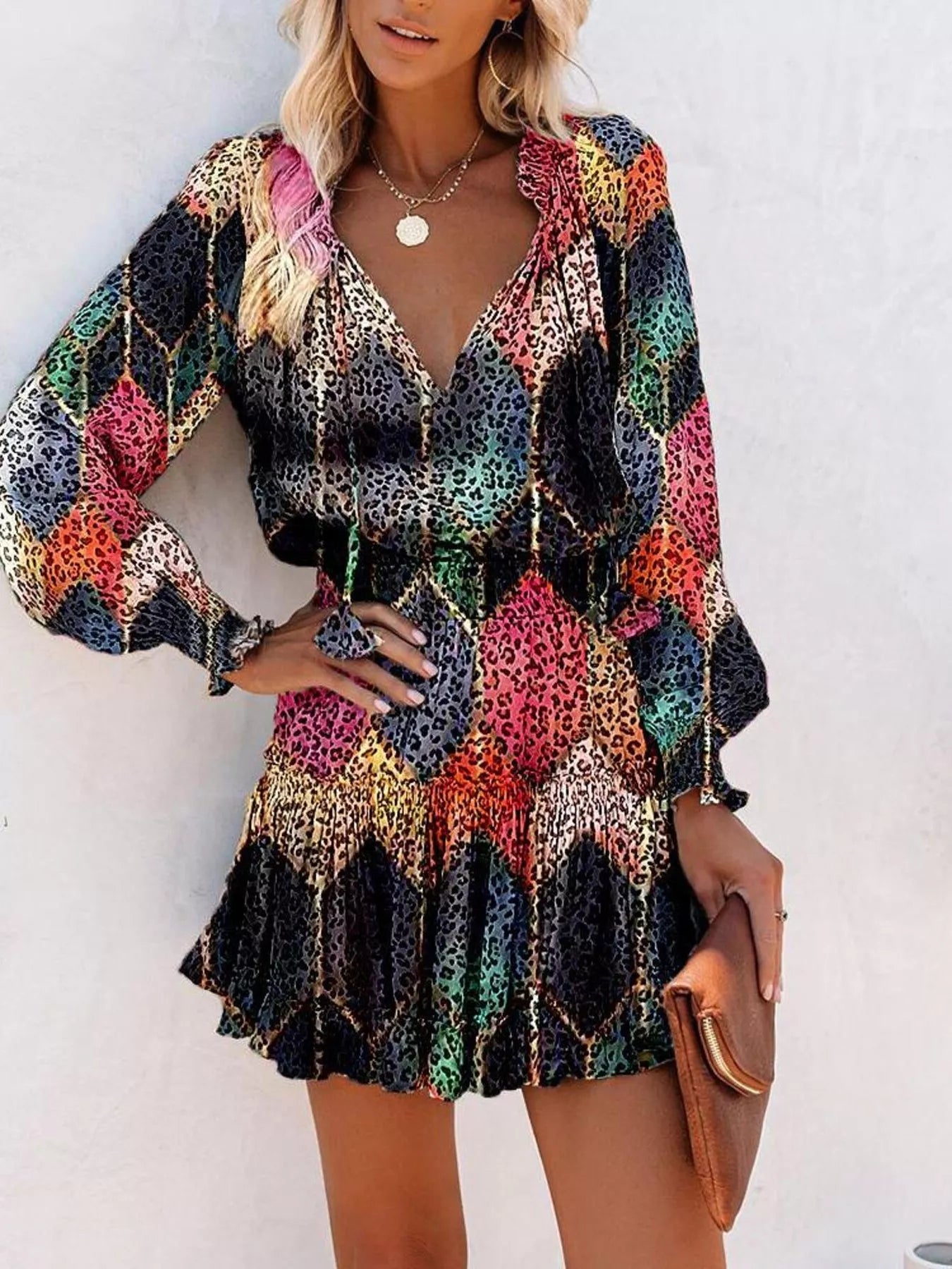 Tie Neck Lantern Sleeve Dress Trendsi