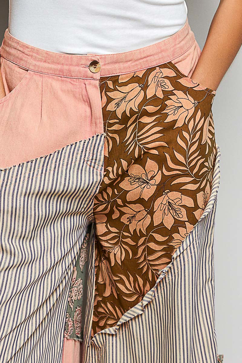 POL Striped Floral Patchwork Wide leg Pants with Side Big Star Patch Trendsi