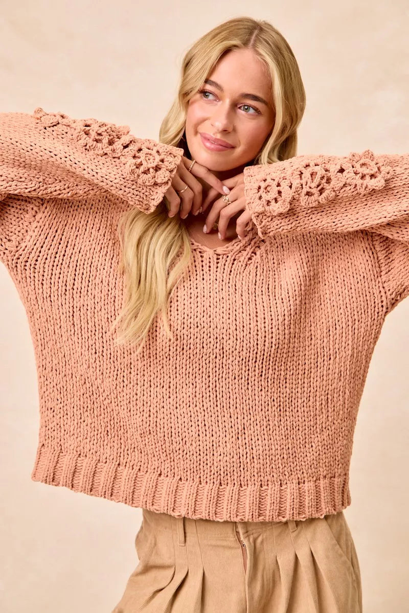 BiBi Chunky Knit Sweater with Flower Detail Sleeves Trendsi