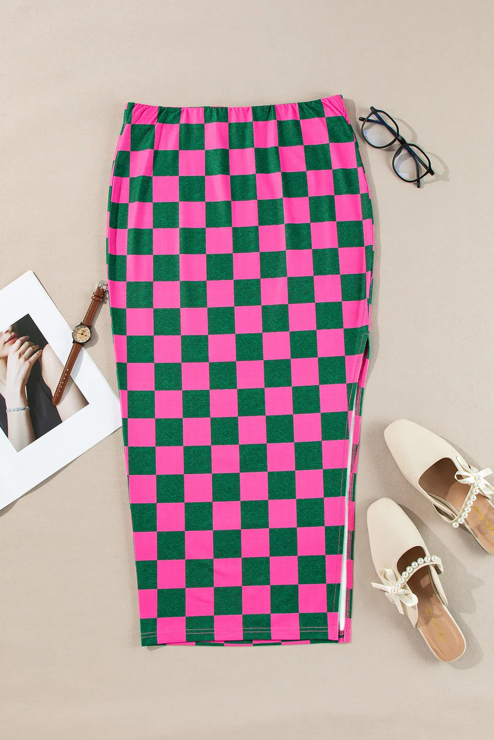 Split Checkered Midi Skirt Trendsi