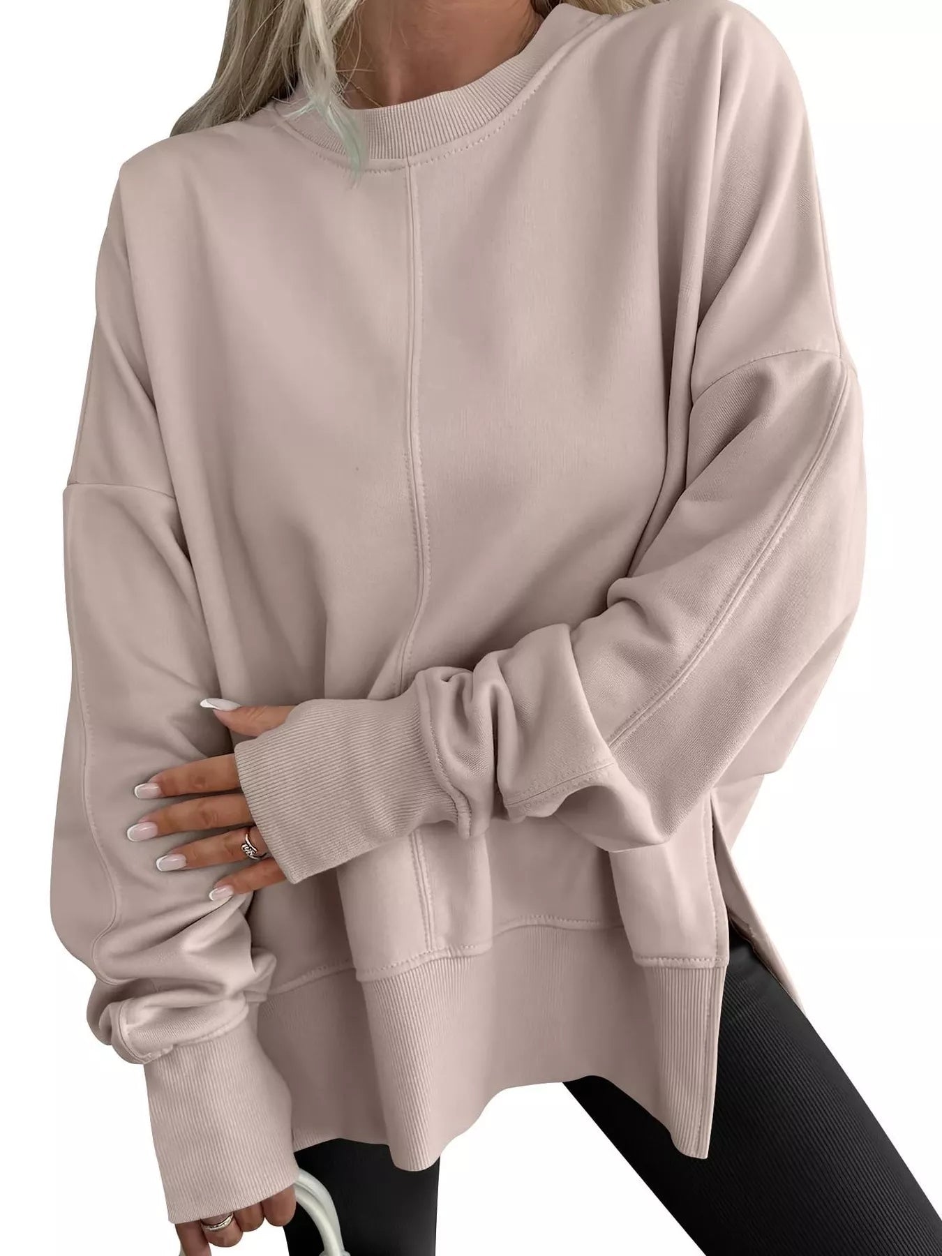 Side Slit Round Neck Long Sleeve Sweatshirt