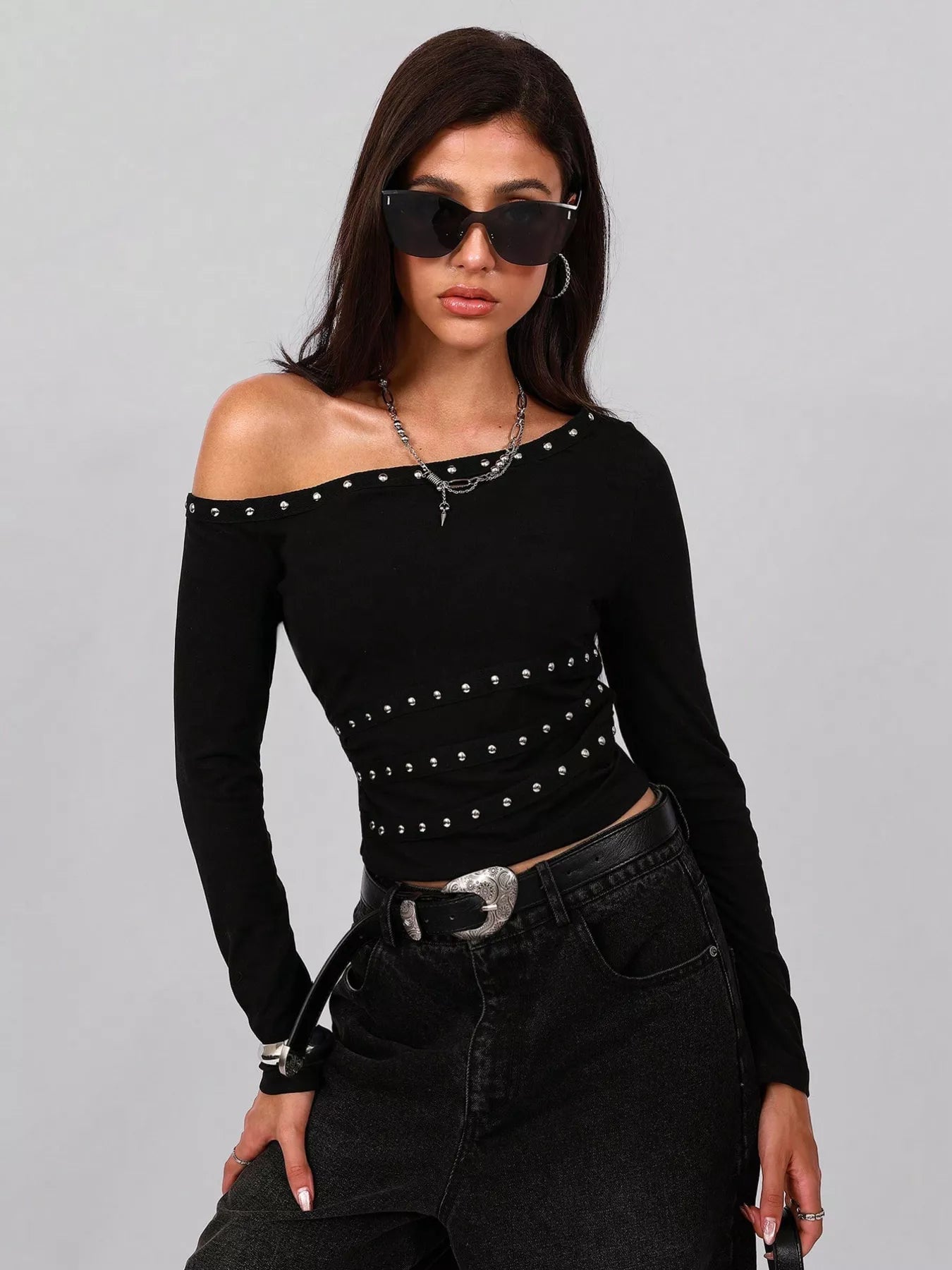 Studded One Shoulder Long Sleeve T-Shirt Trendsi