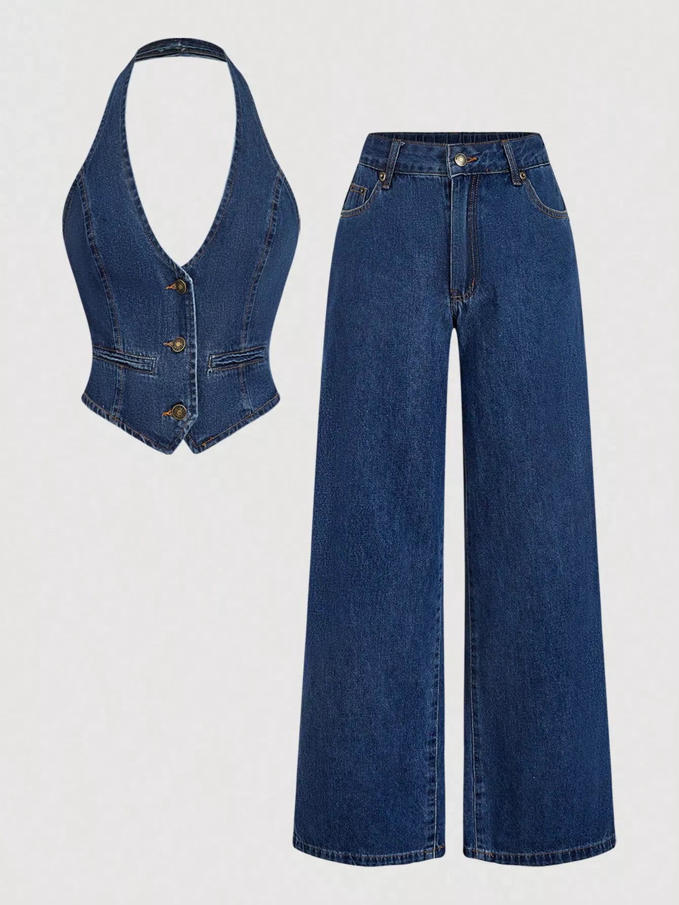 Halter Neck Denim Vest and Wide-Leg Jeans Set Trendsi
