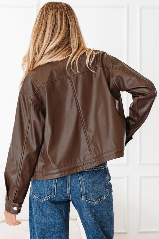 Leather Drawstring Hem Pocketed Jacket JUNIPER BLVD