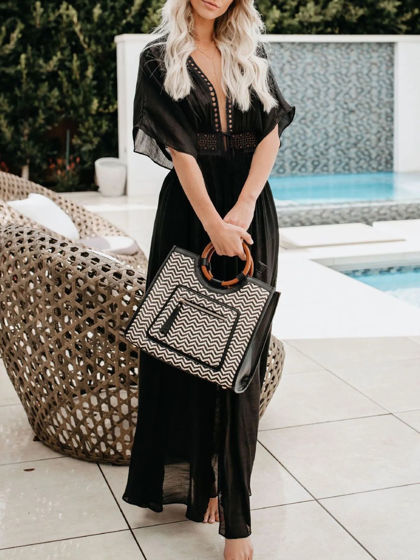 Lace Trim Plunging Beach Cover Up Maxi Dress Trendsi