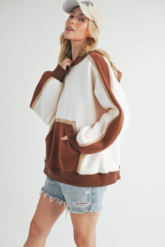 Aemi + Co Color Block Kangaroo Pocketed Hoodie Trendsi