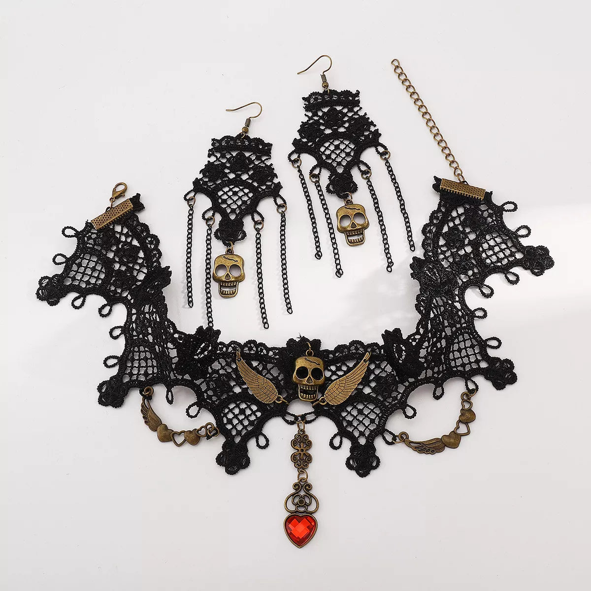 Halloween Lace Skull Necklace and Earrings Jewelry Set Trendsi