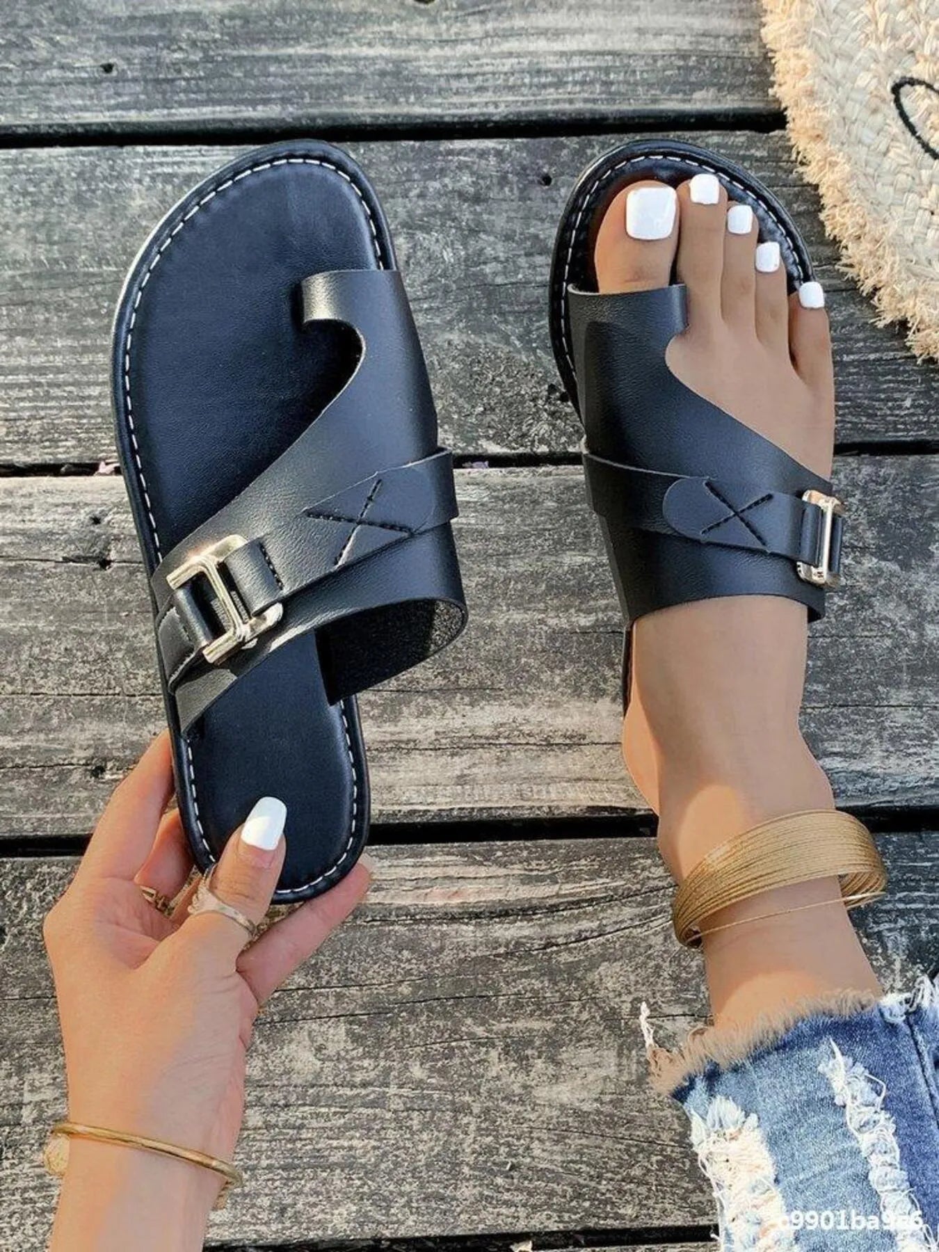 Casual Toe Ring Buckle Flat Sandals Trendsi