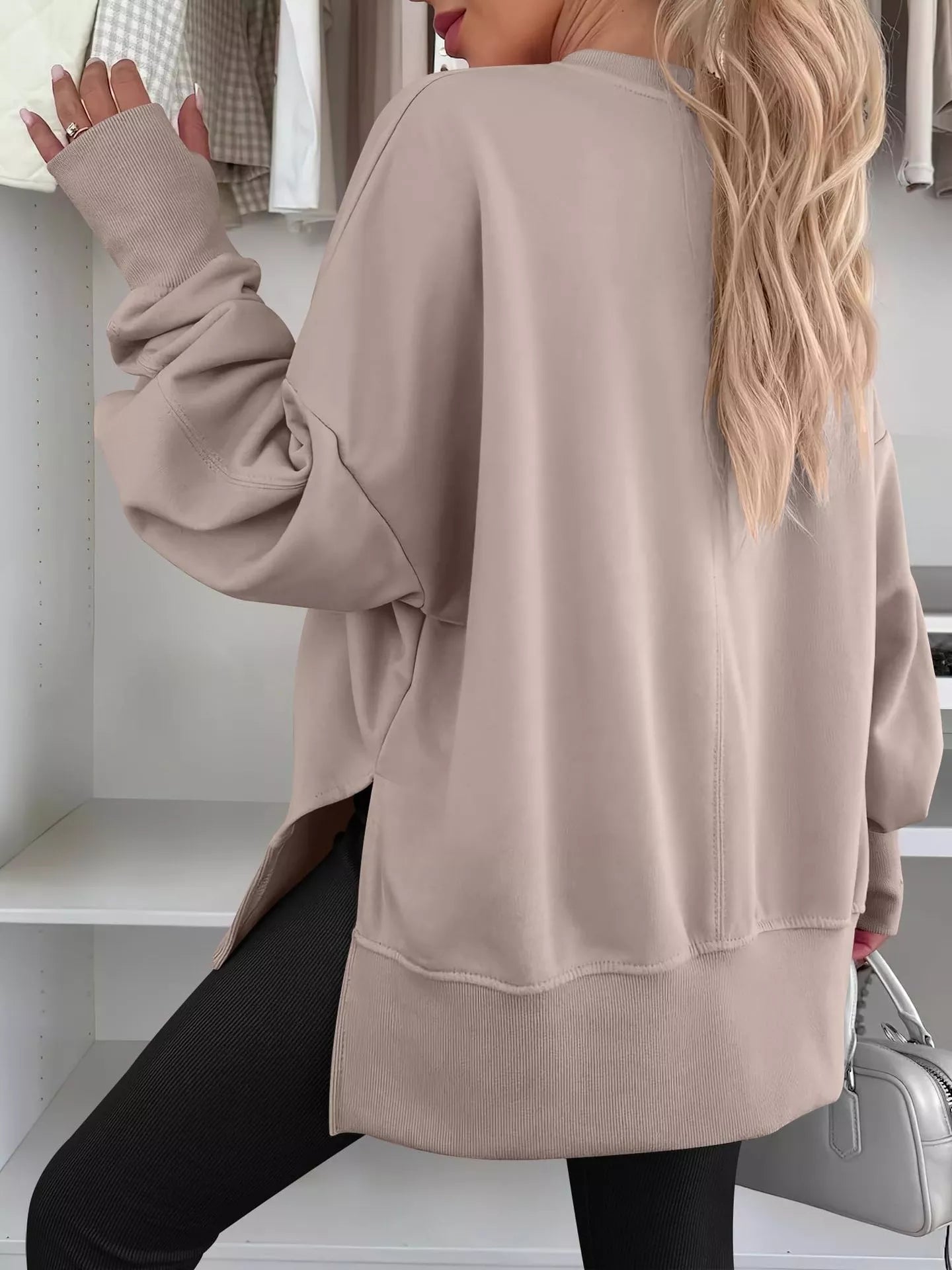 Side Slit Round Neck Long Sleeve Sweatshirt