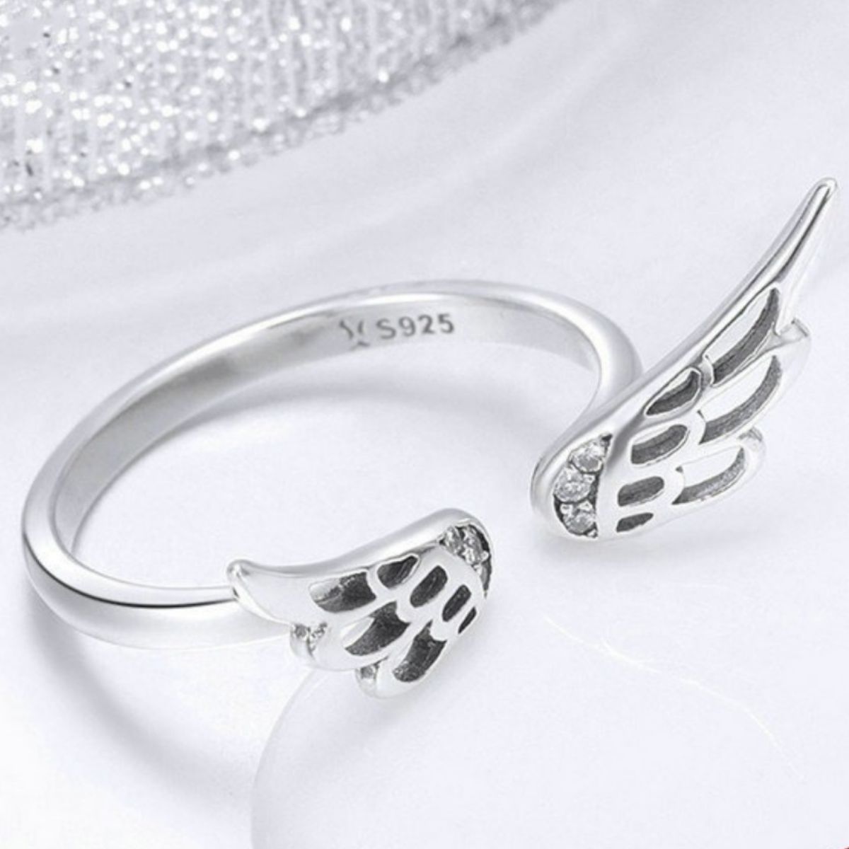 925 Sterling Silver Zircon Angel Wing Open Ring Trendsi