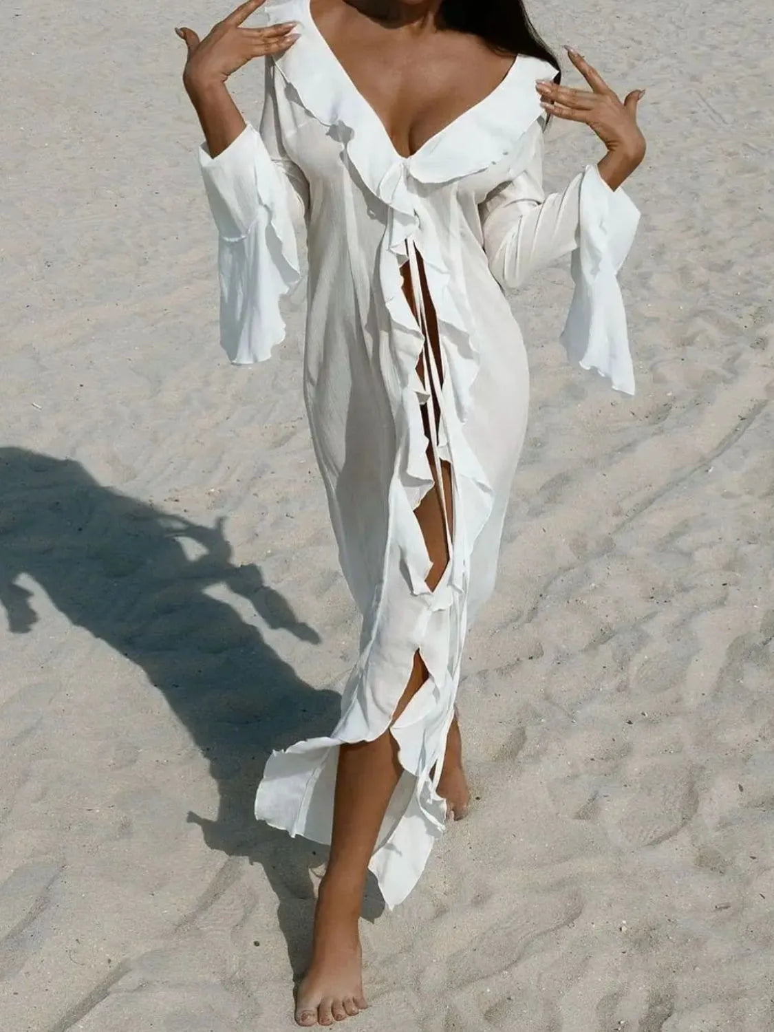 Ruffled Long Sleeve Cover-Up Dress Trendsi
