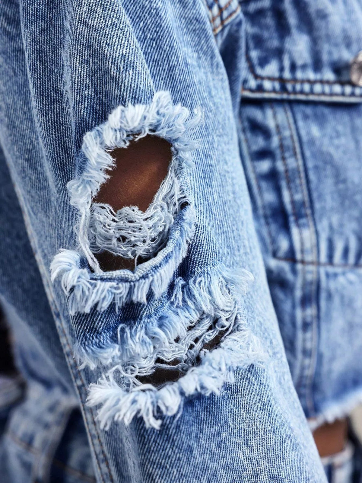 Distressed Cropped Denim Jacket Trendsi