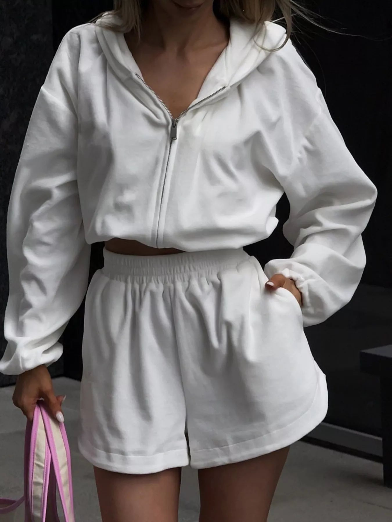 Zip Up Crop Hoodie and Shorts Set Trendsi