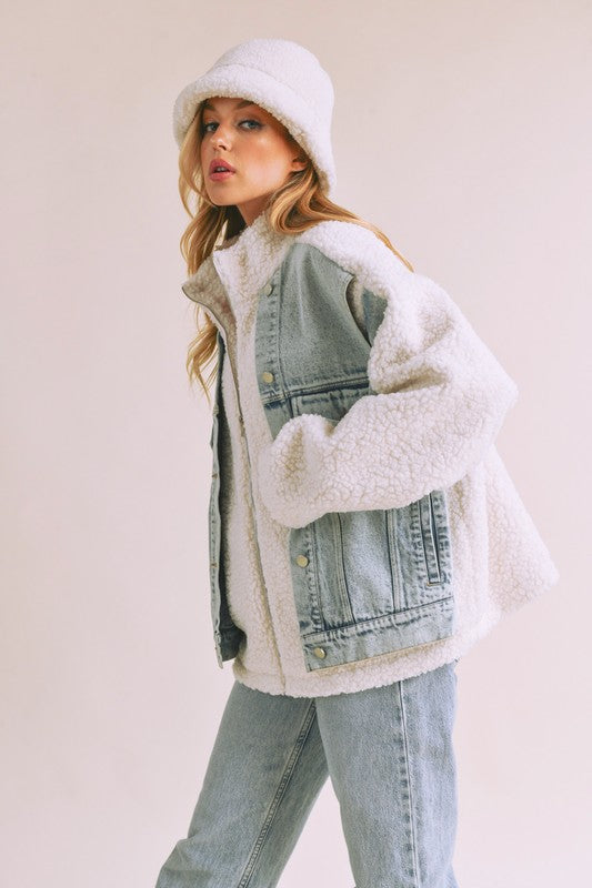 Aemi + Co Denim Washed Drop Shoulder Sherpa Fake Two Pieces Jacket Trendsi