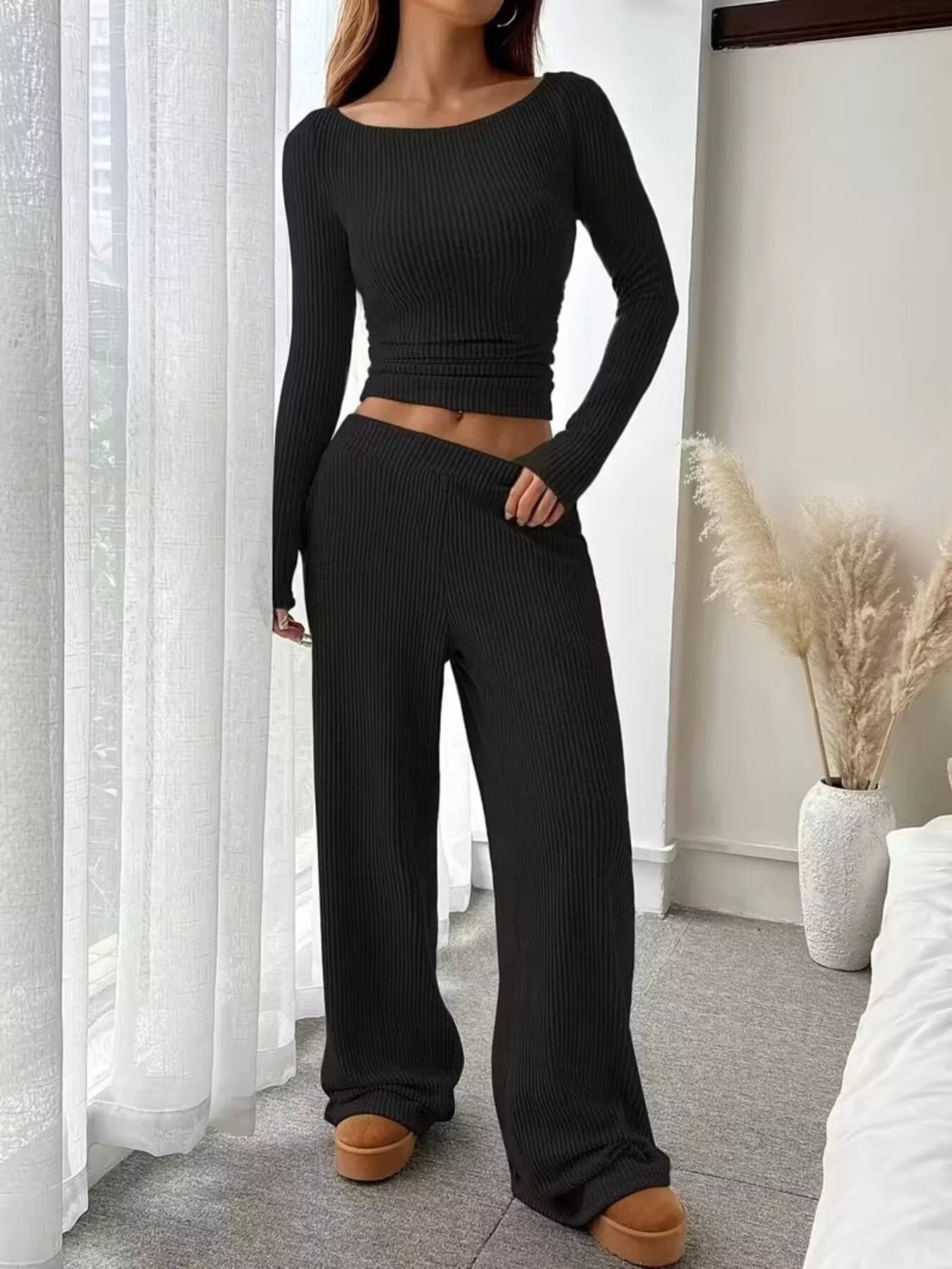 Ribbed Knit Boat Neck Top and Pants Set