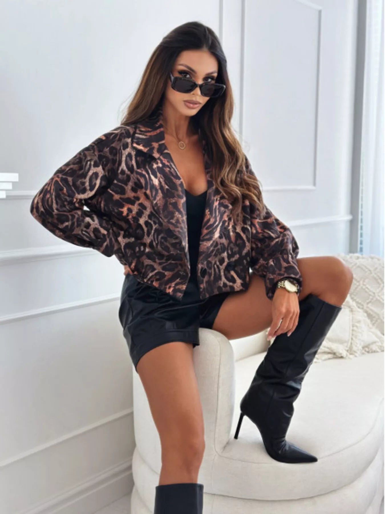 Leopard Print Cropped Blazer Trendsi