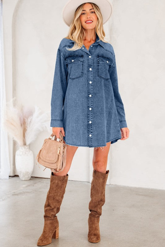 Solid Denim Chest Pocket Raw Hem Shirt Dress