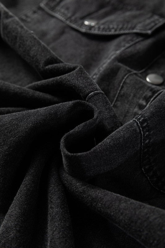 Solid Denim Chest Pocket Raw Hem Shirt Dress