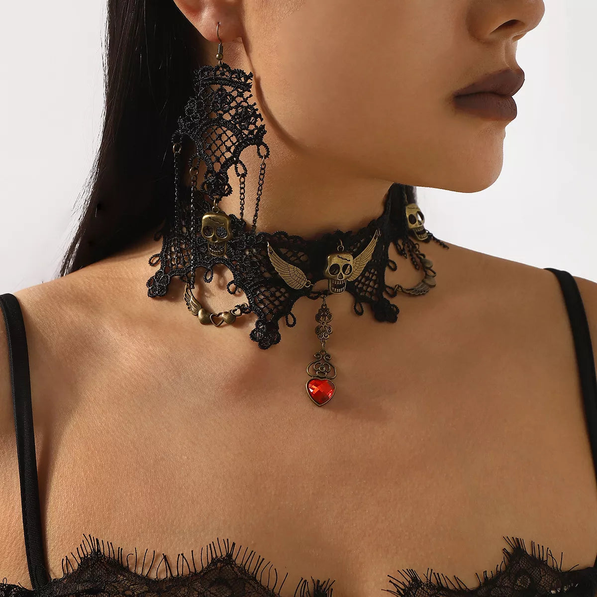 Halloween Lace Skull Necklace and Earrings Jewelry Set Trendsi