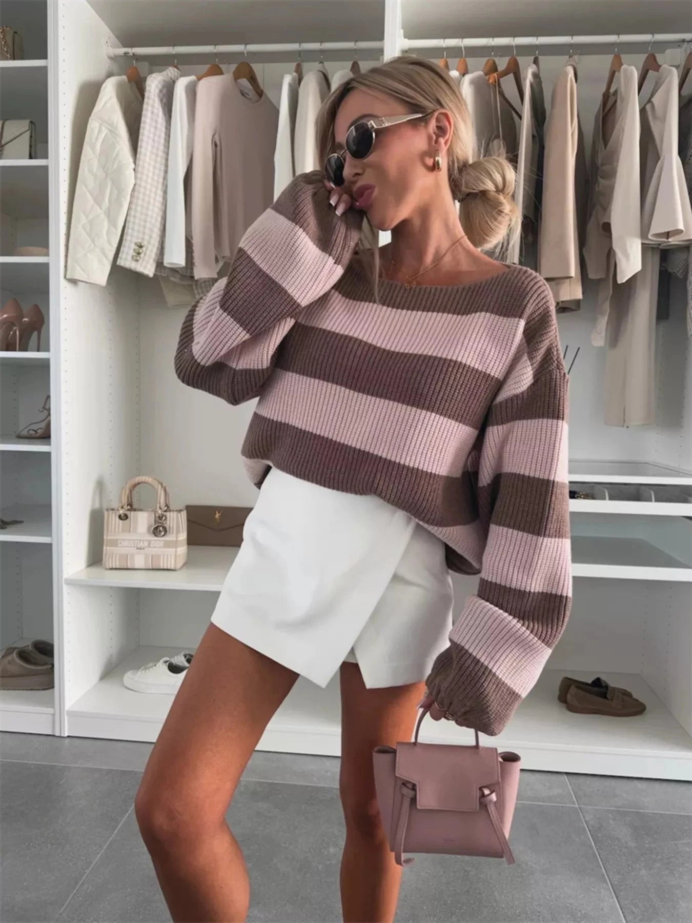 Contrast Striped Long Sleeve Sweater Trendsi