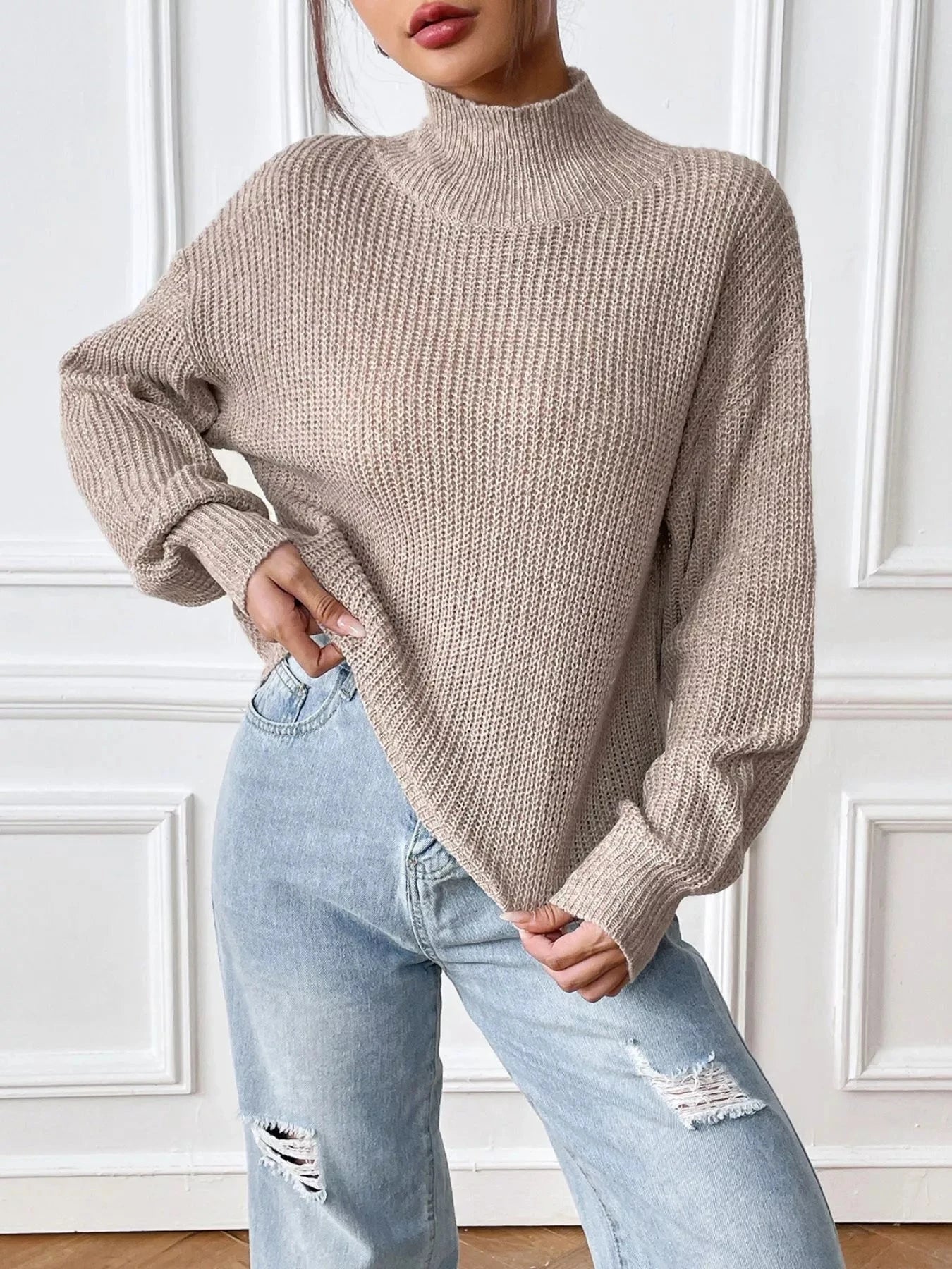 Cozy Knit Turtleneck Dropped Shoulder Sweater