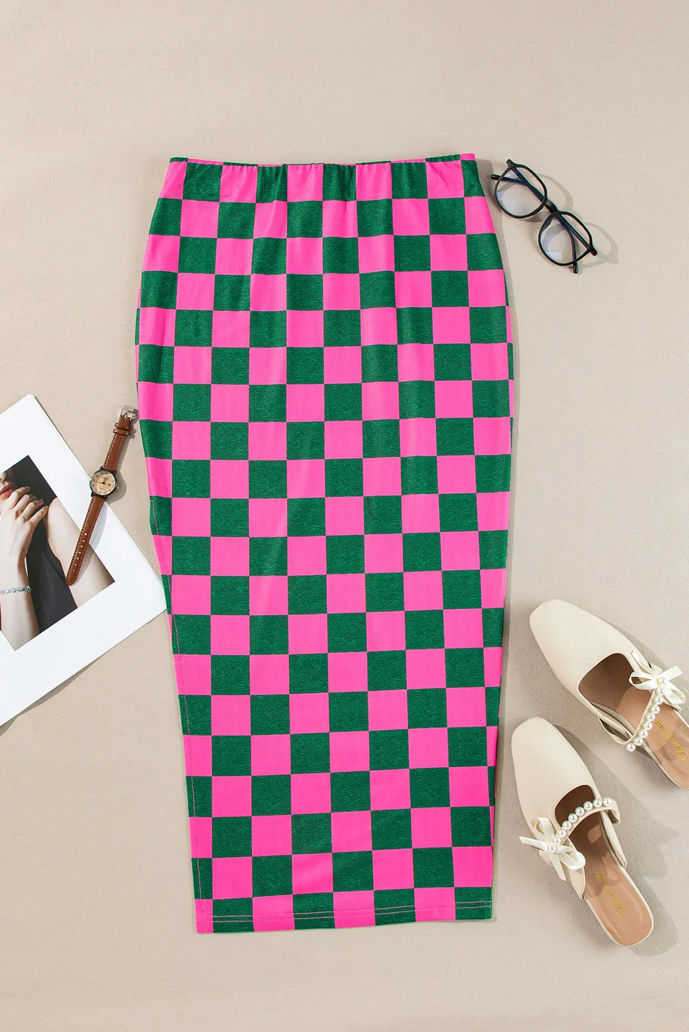 Split Checkered Midi Skirt Trendsi