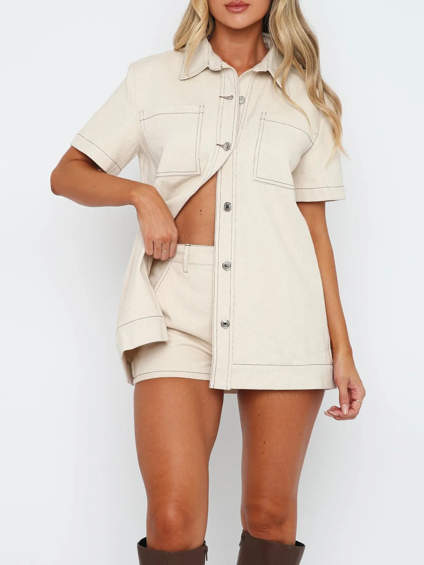Button Up Short Sleeve Top and Shorts Denim Set Trendsi