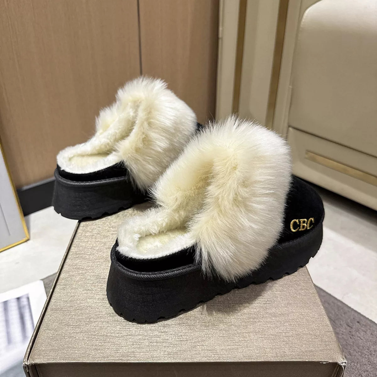 Furry Platform Slippers Trendsi