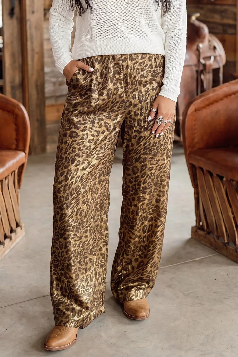Multicolour Leopard Print Western Style Wide Leg Full Length Pants Trendsi