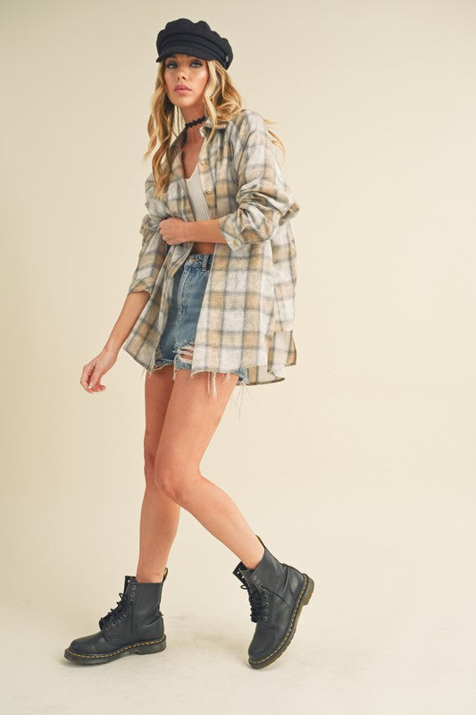Washed Plaid Flannel Side Step Hem Shirt