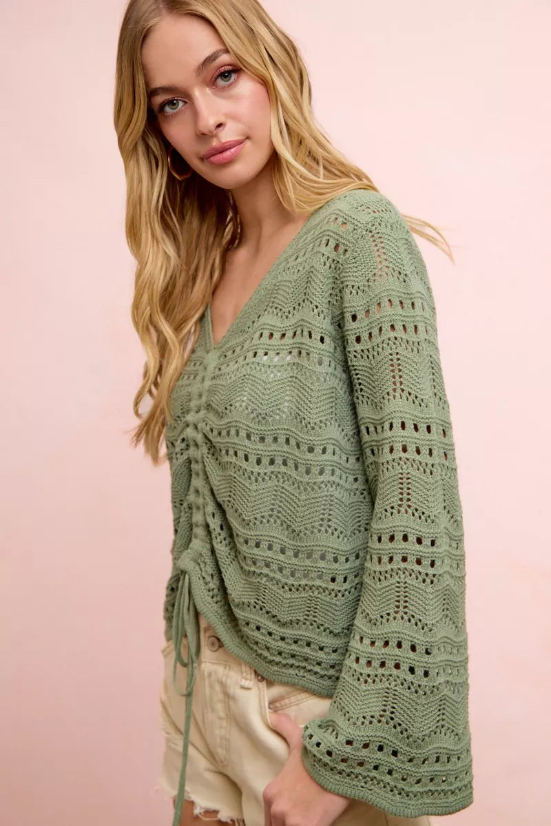 BiBi Pointelle Knit V Neck Ruched Front Lightweight Top Trendsi