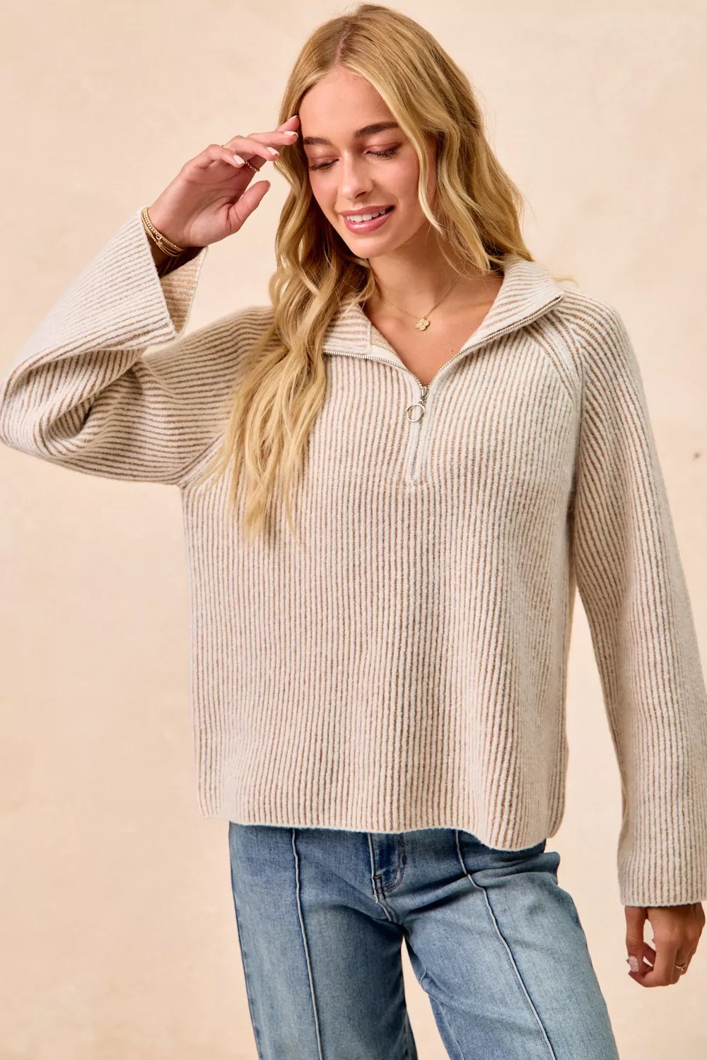 BiBi Two Tone Rib Texured Knit Collared Top with Zip Up Trendsi