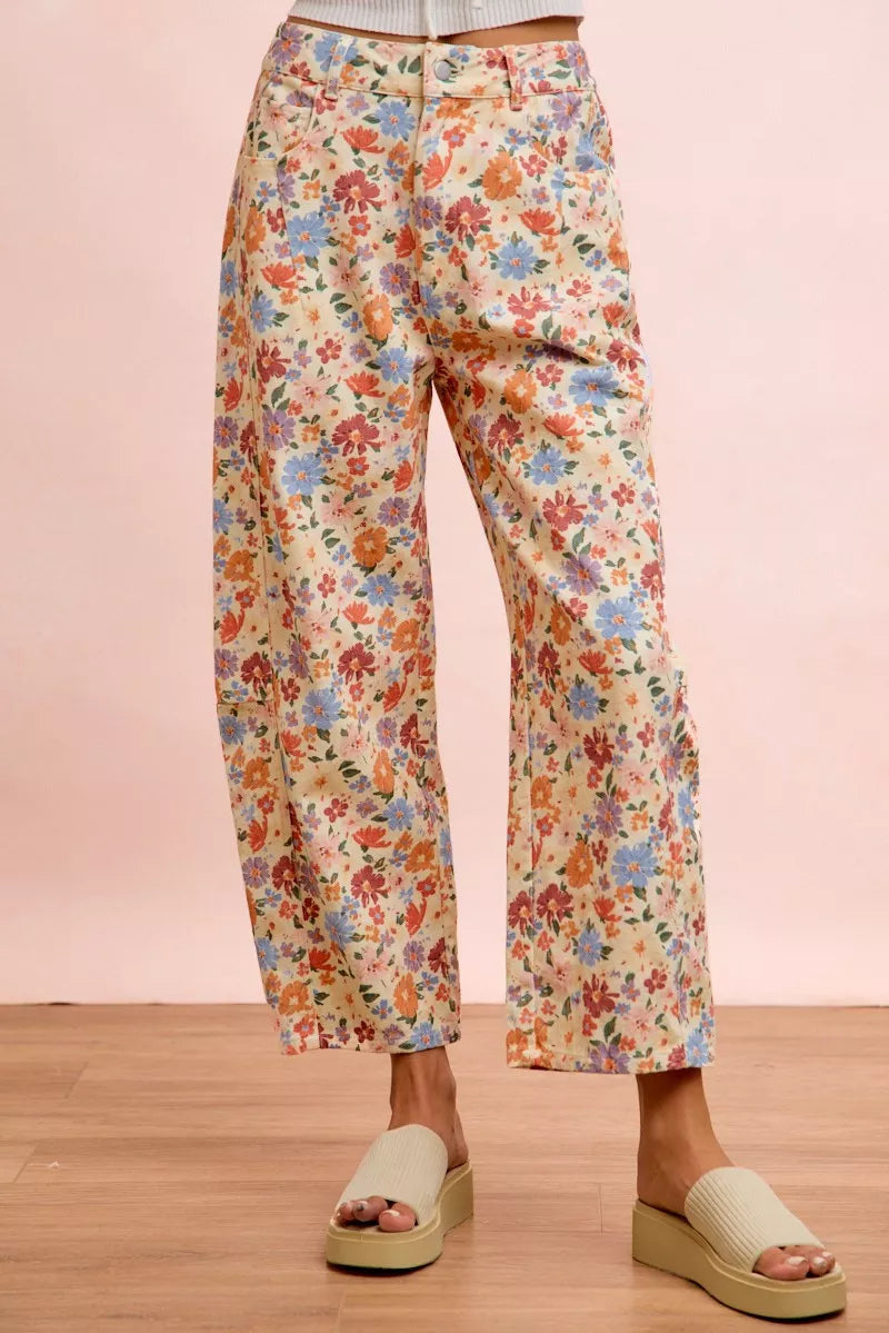 BiBi Washed Floral Printed Twill Barrel Pants Trendsi