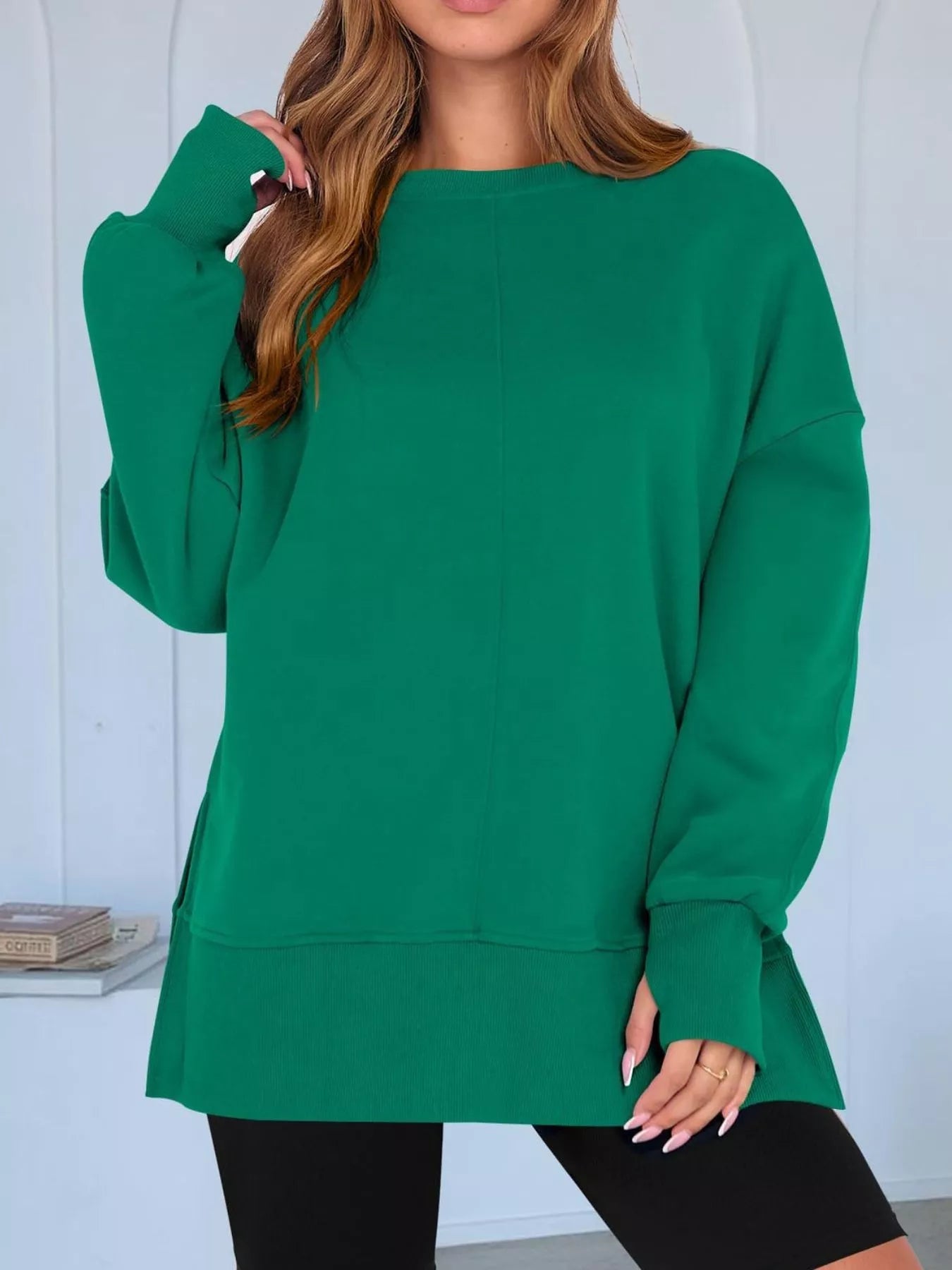 Side Slit Round Neck Long Sleeve Sweatshirt