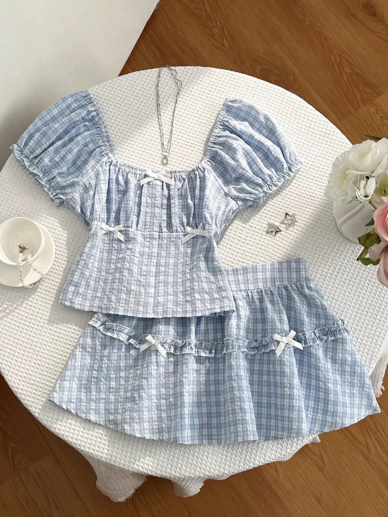 Plaid Puff Sleeve Blouse and Skirt Set Trendsi