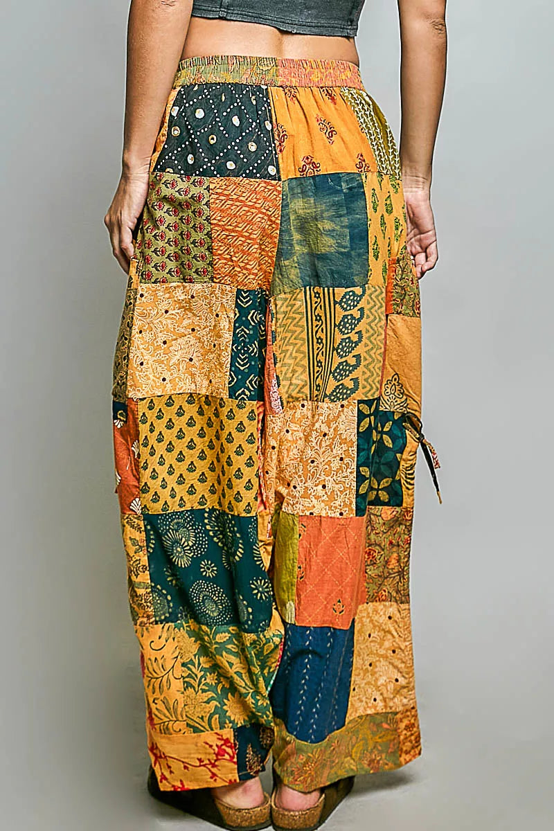 POL Printed Patchwork Wide Leg Pants with Adjustable Side Drawstring Trendsi