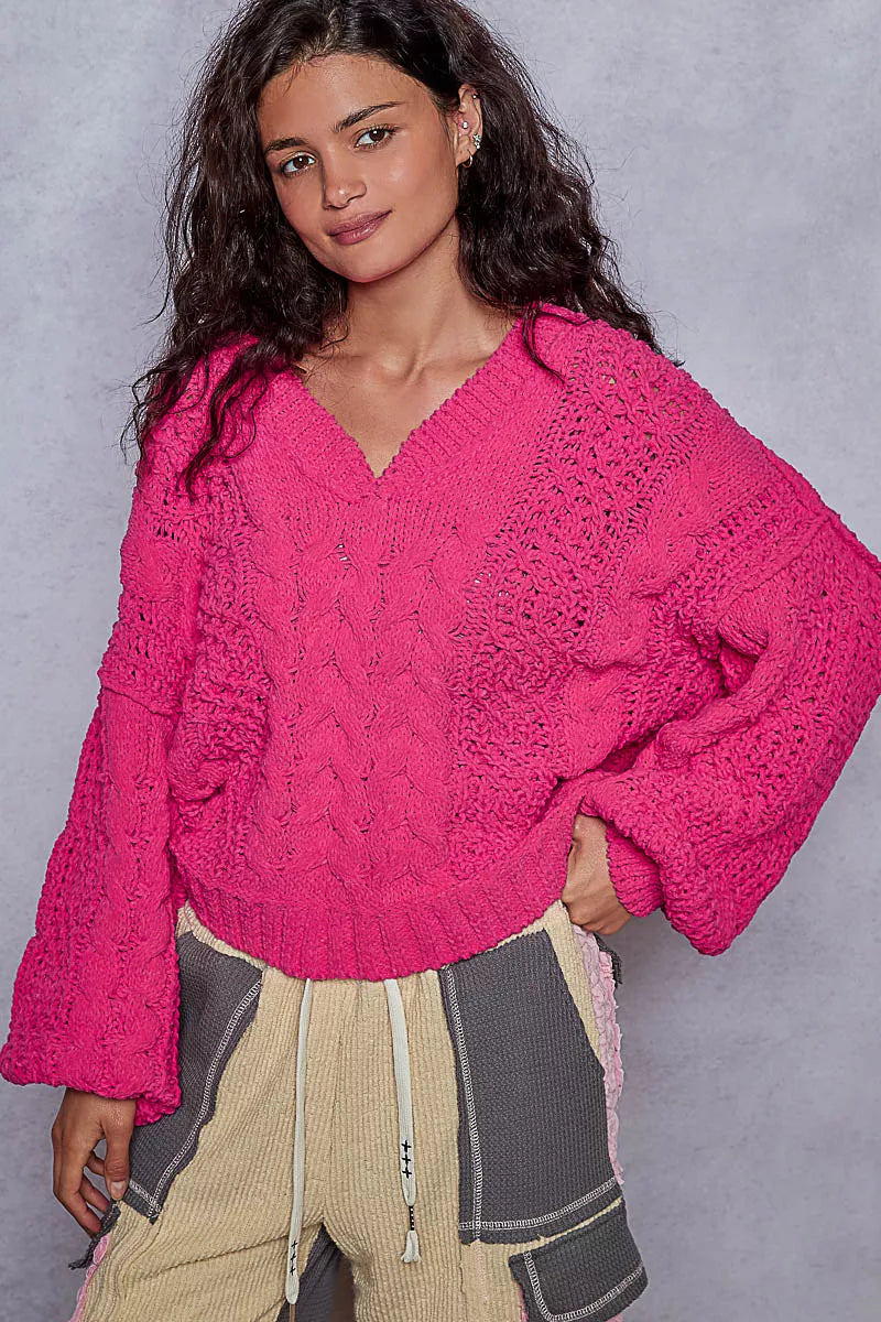 POL Cable-Knit Solid V-Neck Cropped Sweater Trendsi