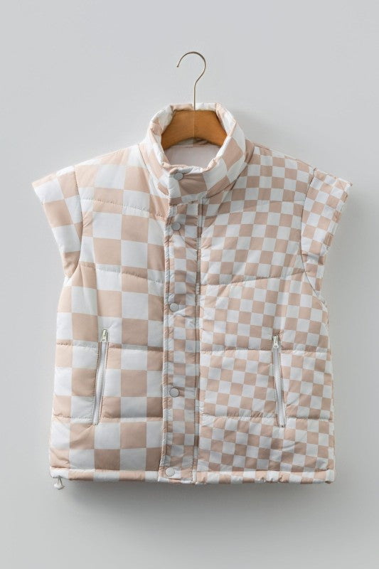 Checker Patchwork Quilted Buttoned Zip Up Vest