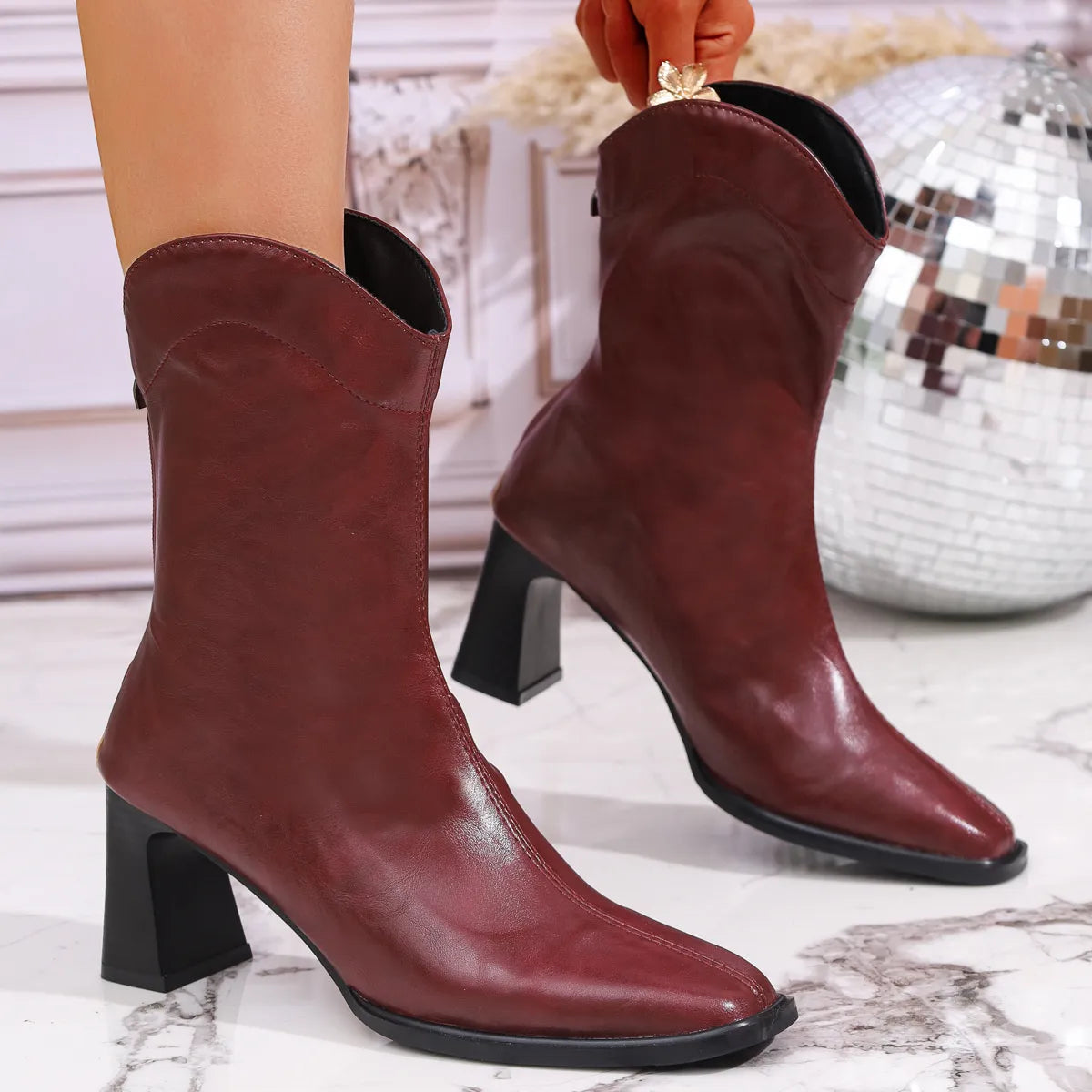Leather Block Heel Boots