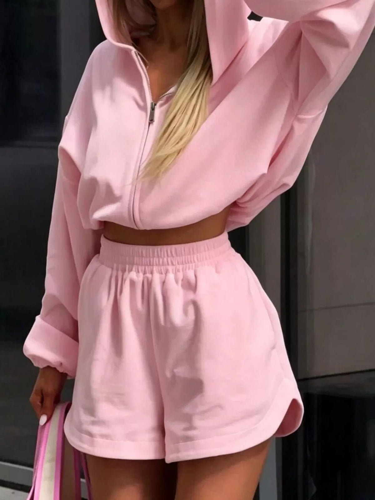 Zip Up Crop Hoodie and Shorts Set Trendsi