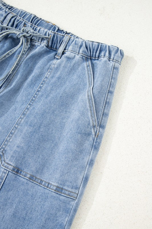 Denim Raw Hem Drawstring Wide Leg Pants JUNIPER BLVD