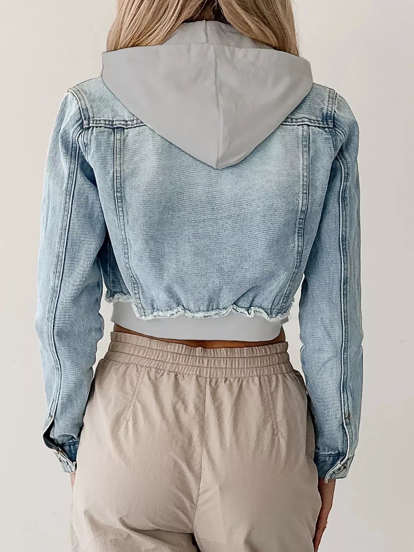 Distressed Zip Up Cropped Hooded Denim Jacket Trendsi
