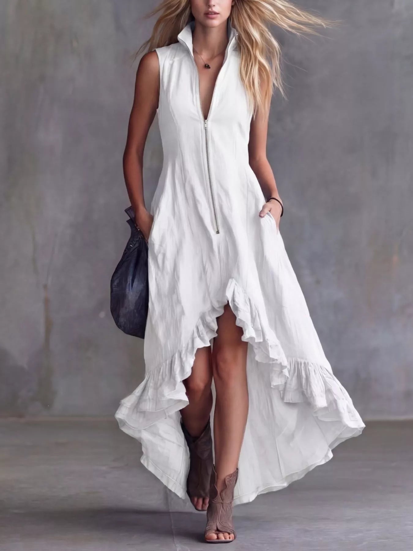 Full Size High-Low Ruffled Zip Front Dress Plus Size Trendsi