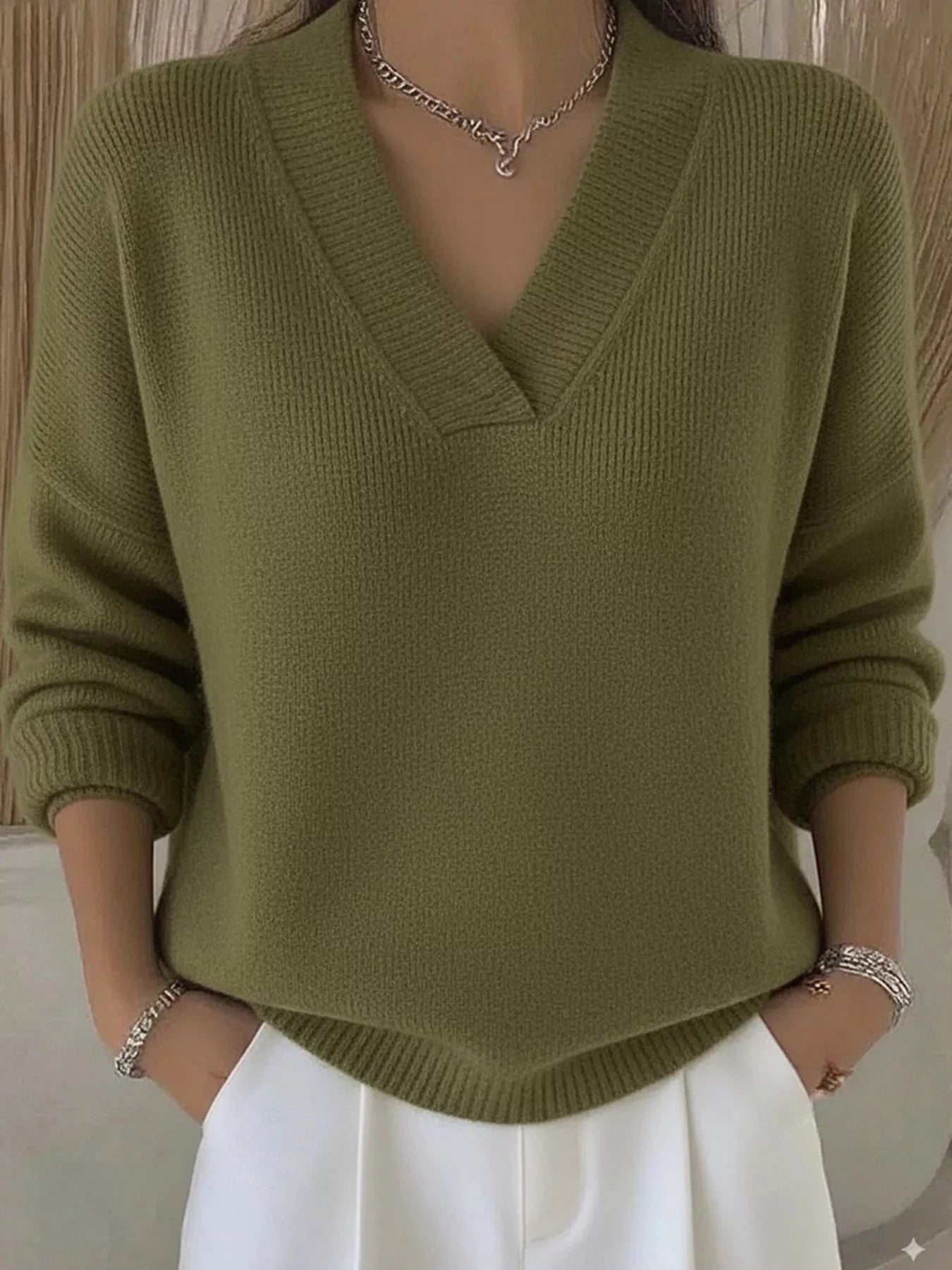 Full Size V-Neck Long Sleeve Sweater Plus Size