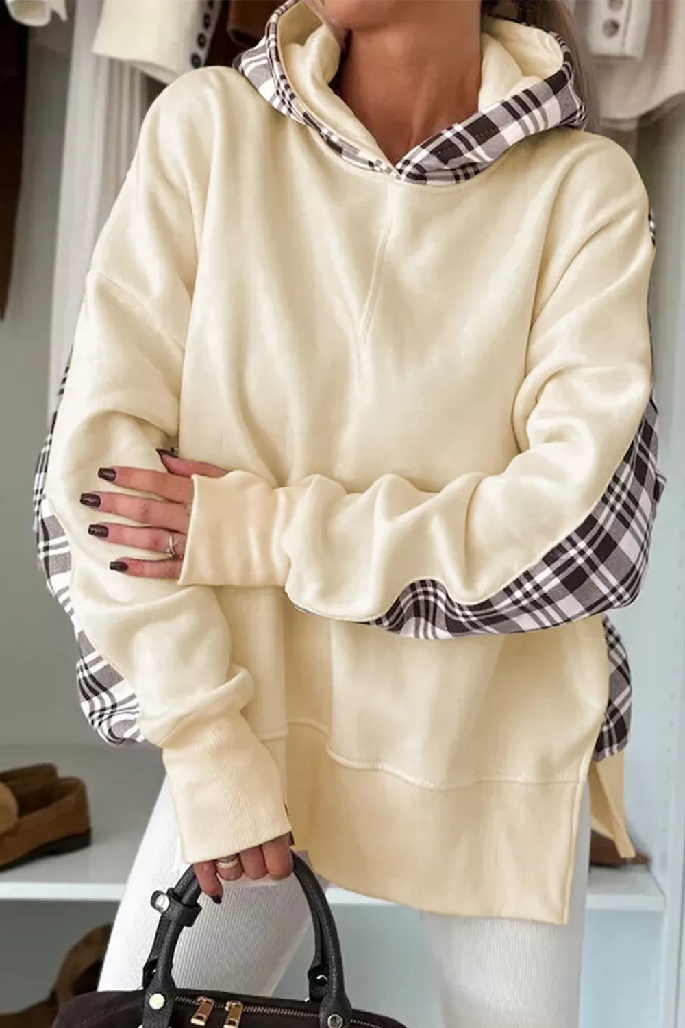 Plaid Side Slit Long Sleeve Hoodie