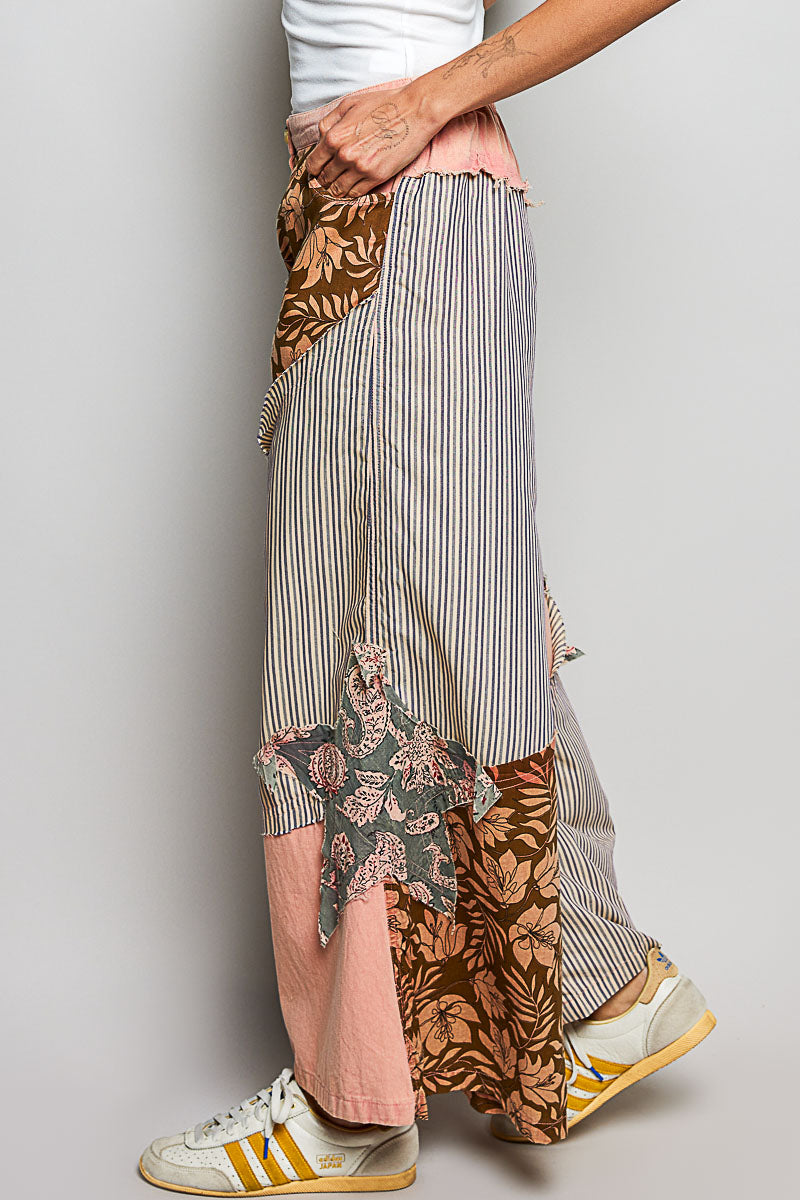 POL Striped Floral Patchwork Wide leg Pants with Side Big Star Patch Trendsi